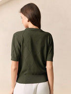 BizChic Women's Green Polo Collar Diamond Knit Short Sleeve Pullover Sweater shein