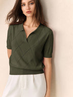 BizChic Women's Green Polo Collar Diamond Knit Short Sleeve Pullover Sweater shein