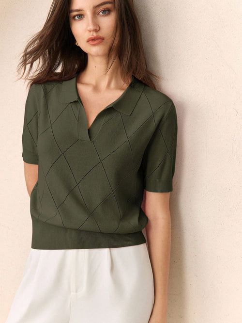 BizChic Women's Green Polo Collar Diamond Knit Short Sleeve Pullover Sweater shein