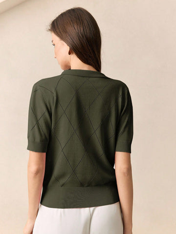 BizChic Women's Green Polo Collar Diamond Knit Short Sleeve Pullover Sweater