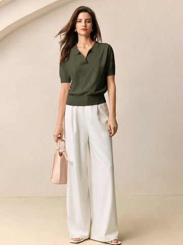 BizChic Women's Green Polo Collar Diamond Knit Short Sleeve Pullover Sweater