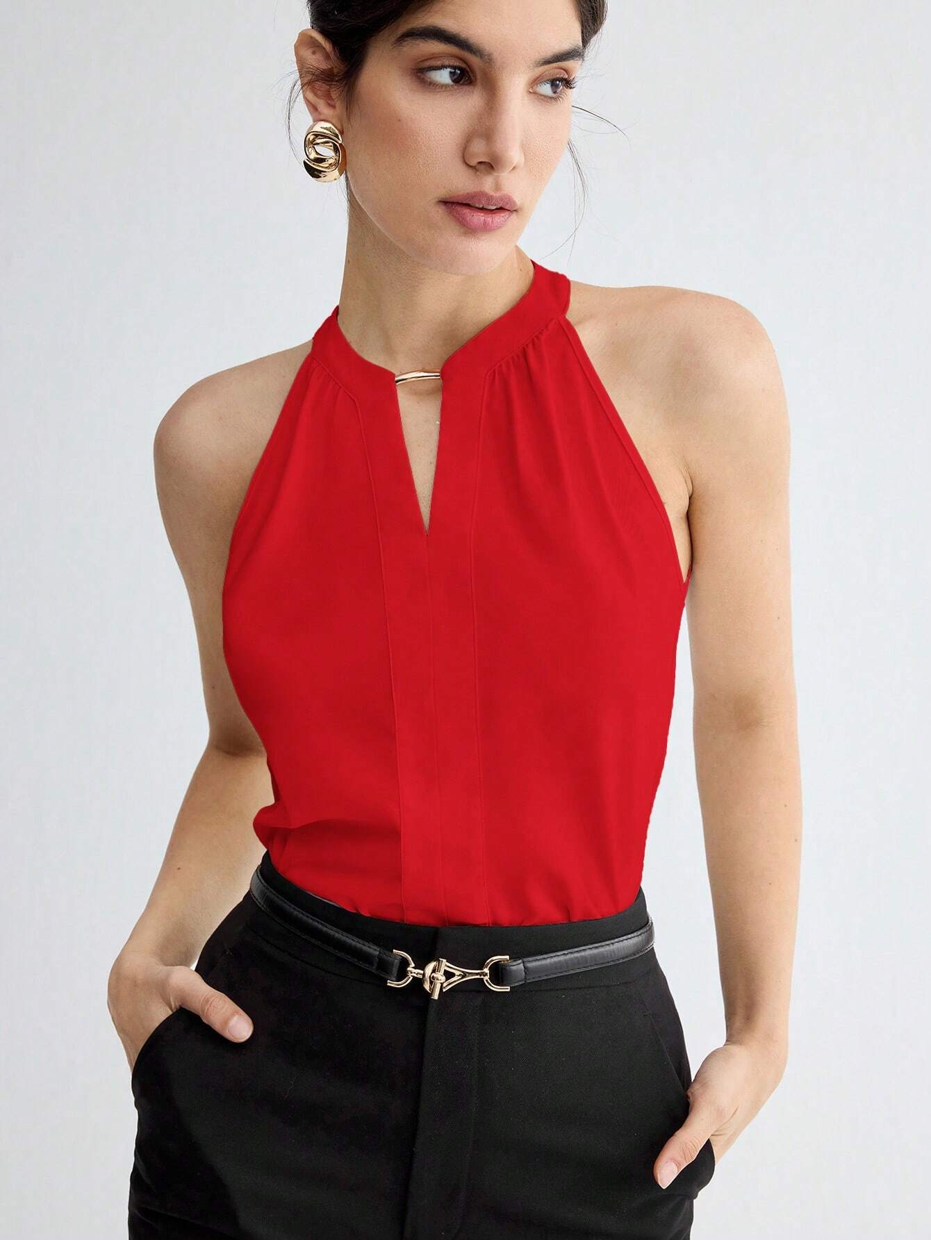 BizChic Women Summer Solid Color Halter Neck Elegant Sleeveless Top shein