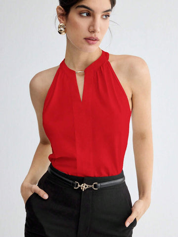 BizChic Women Summer Solid Color Halter Neck Elegant Sleeveless Top