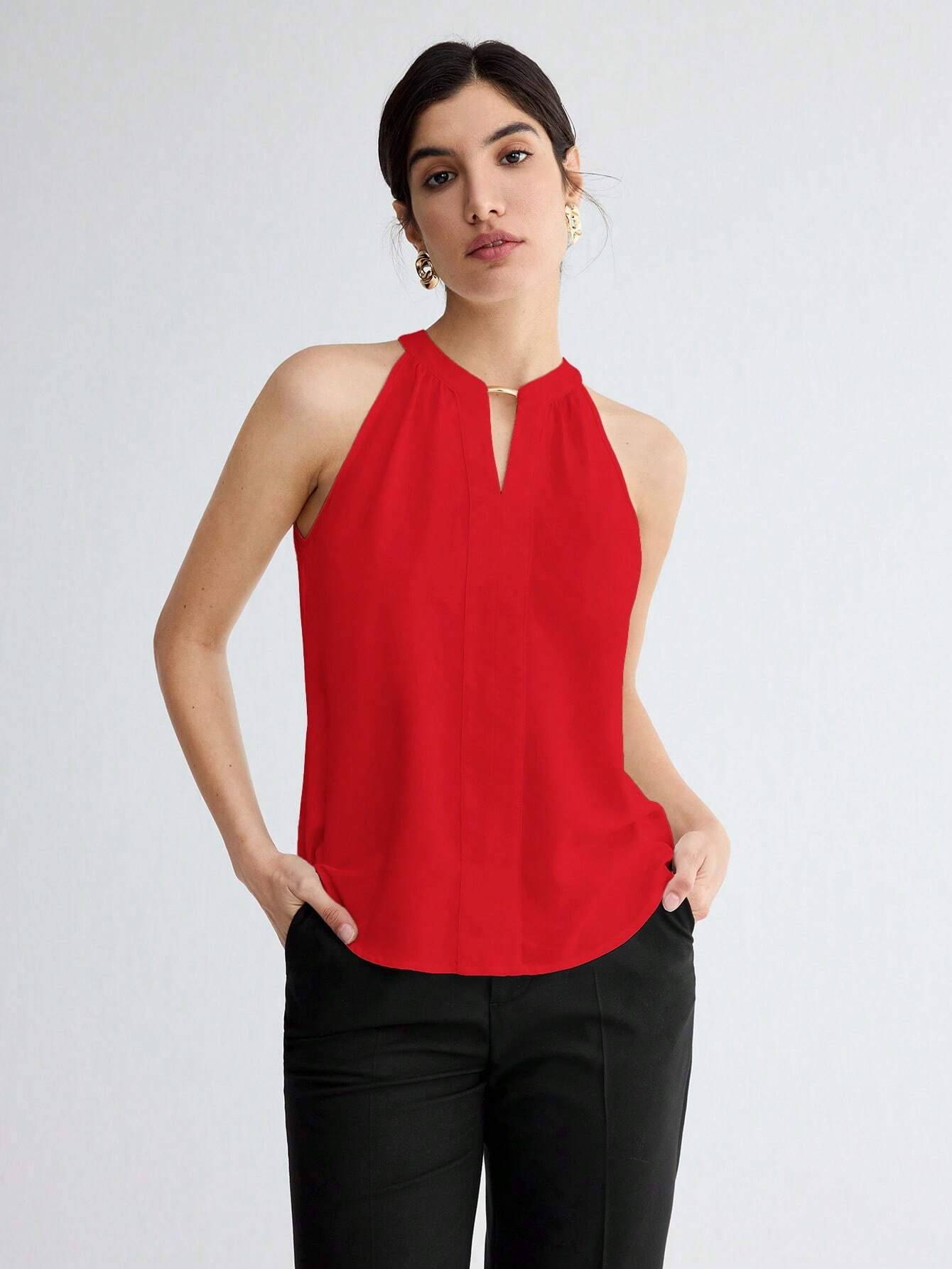 BizChic Women Summer Solid Color Halter Neck Elegant Sleeveless Top shein