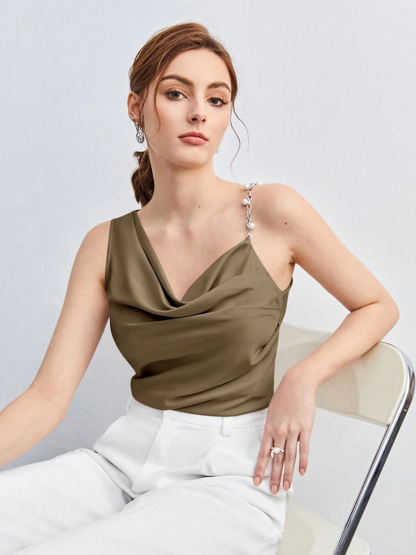 BizChic Pearl Decor Chain Strap Draped Neck Sleeveless Blouse shein