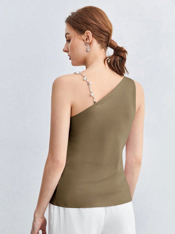 BizChic Pearl Decor Chain Strap Draped Neck Sleeveless Blouse