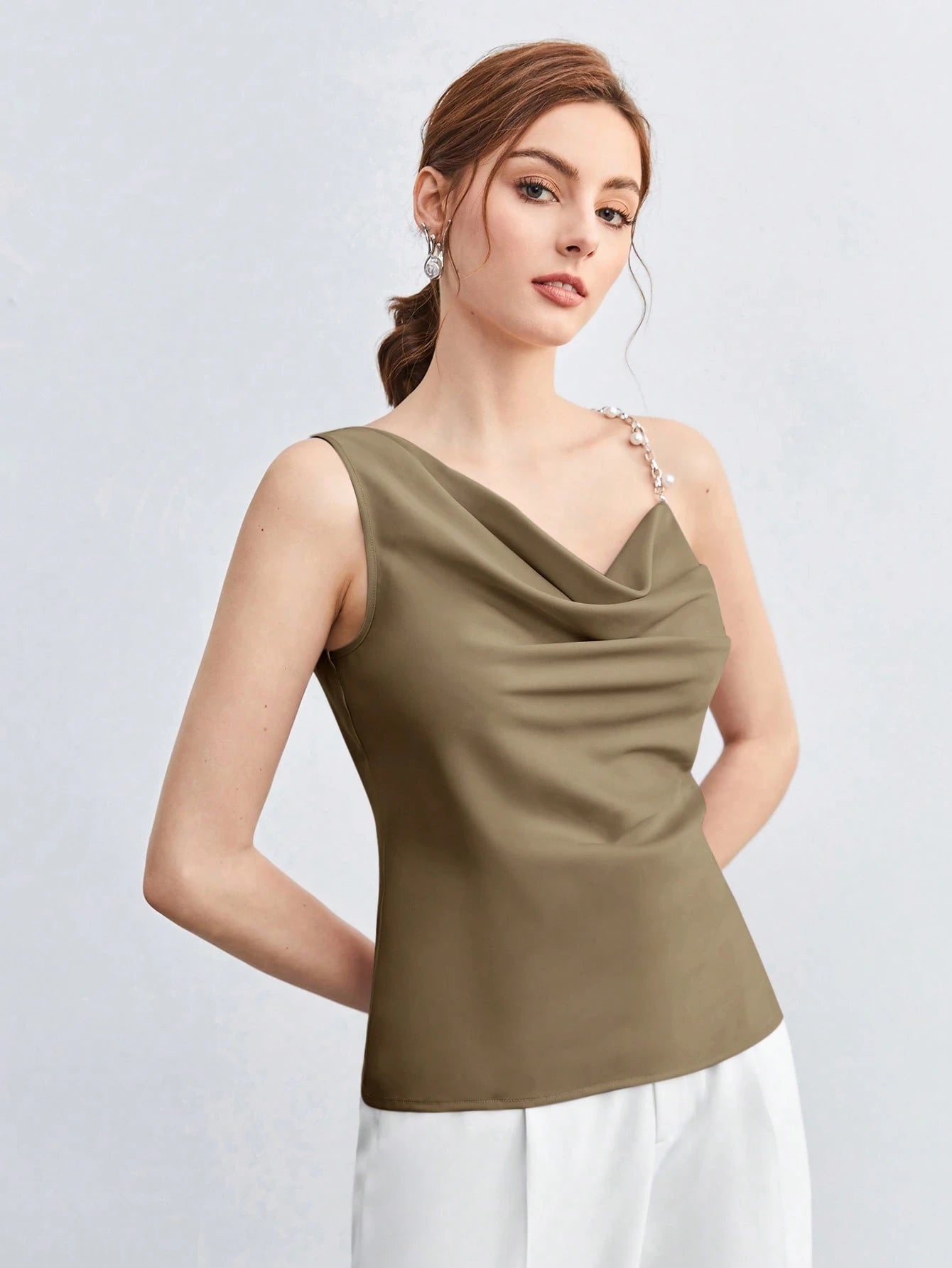 BizChic Pearl Decor Chain Strap Draped Neck Sleeveless Blouse shein