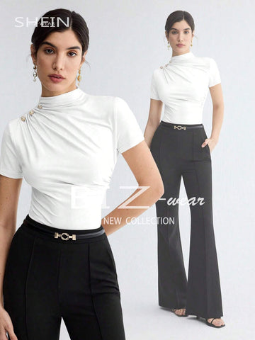 Stand Collar Ruched Shoulder Metallic Button Detail T-Shirt