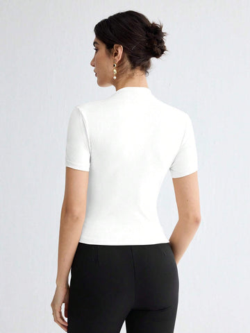 Stand Collar Ruched Shoulder Metallic Button Detail T-Shirt