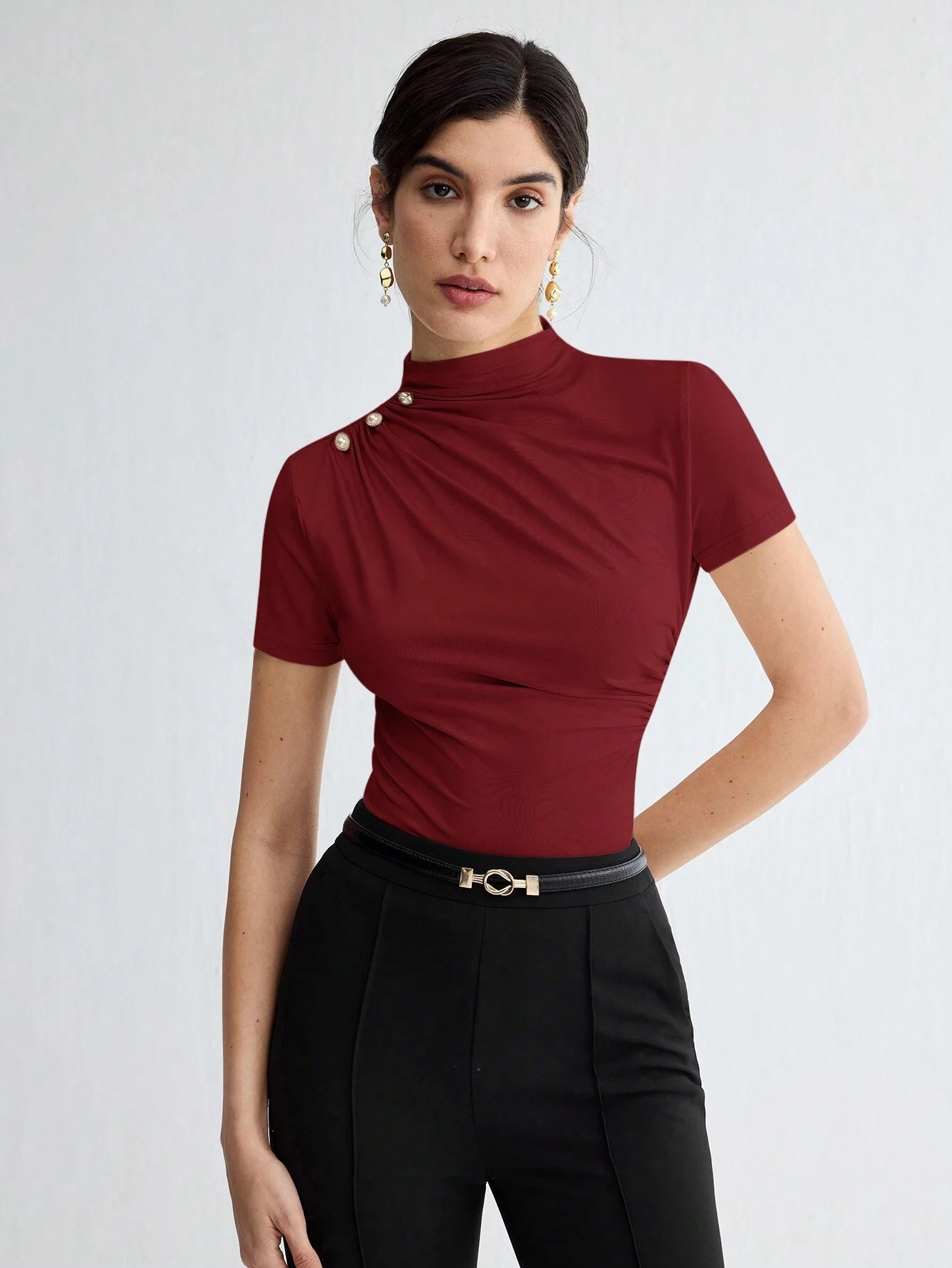 Stand Collar Ruched Shoulder Metallic Button Detail T-Shirt