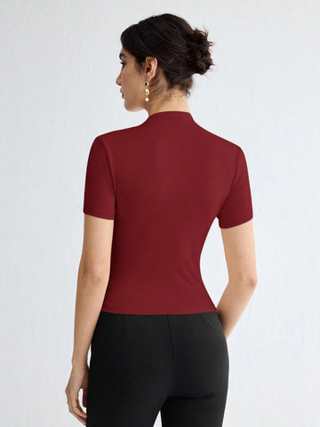 Stand Collar Ruched Shoulder Metallic Button Detail T-Shirt