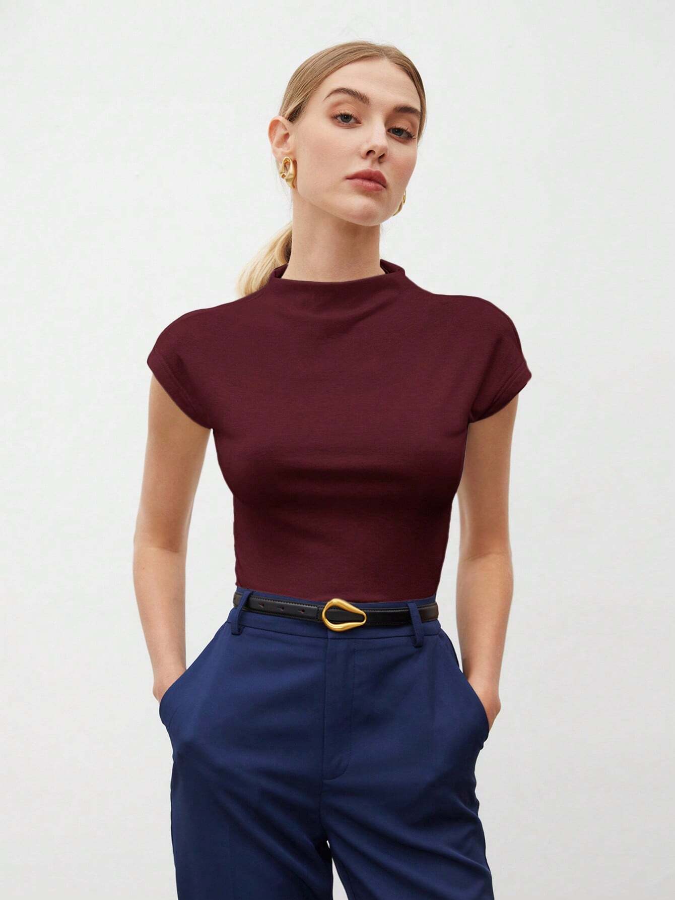 Round Collar Stitched Shoulder Cap Sleeve Women Blouse shein