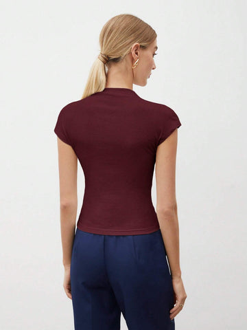 Round Collar Stitched Shoulder Cap Sleeve Women Blouse