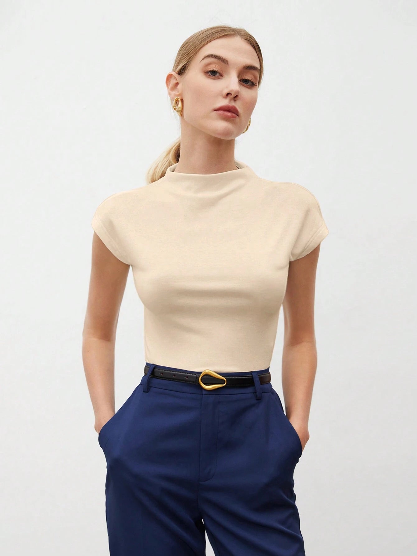 Round Collar Stitched Shoulder Cap Sleeve Women Blouse shein