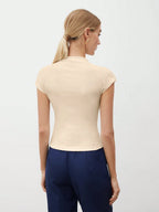 Round Collar Stitched Shoulder Cap Sleeve Women Blouse shein