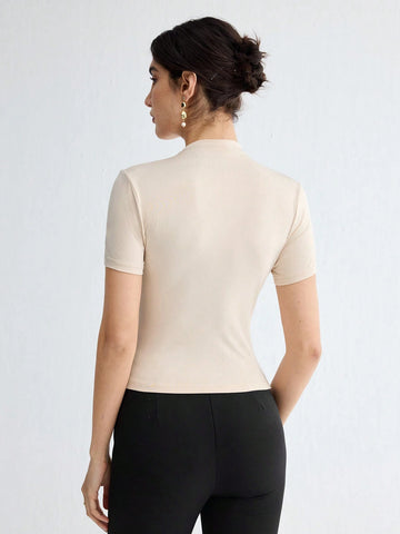 Stand Collar Ruched Shoulder Metallic Button Detail T-Shirt