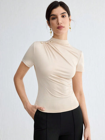 Stand Collar Ruched Shoulder Metallic Button Detail T-Shirt
