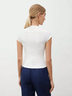 Round Collar Stitched Shoulder Cap Sleeve Women Blouse shein