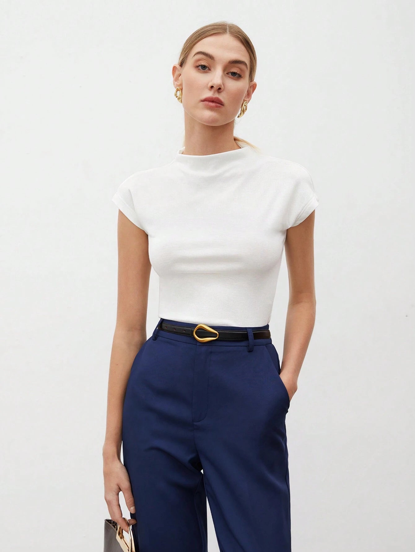 Round Collar Stitched Shoulder Cap Sleeve Women Blouse shein