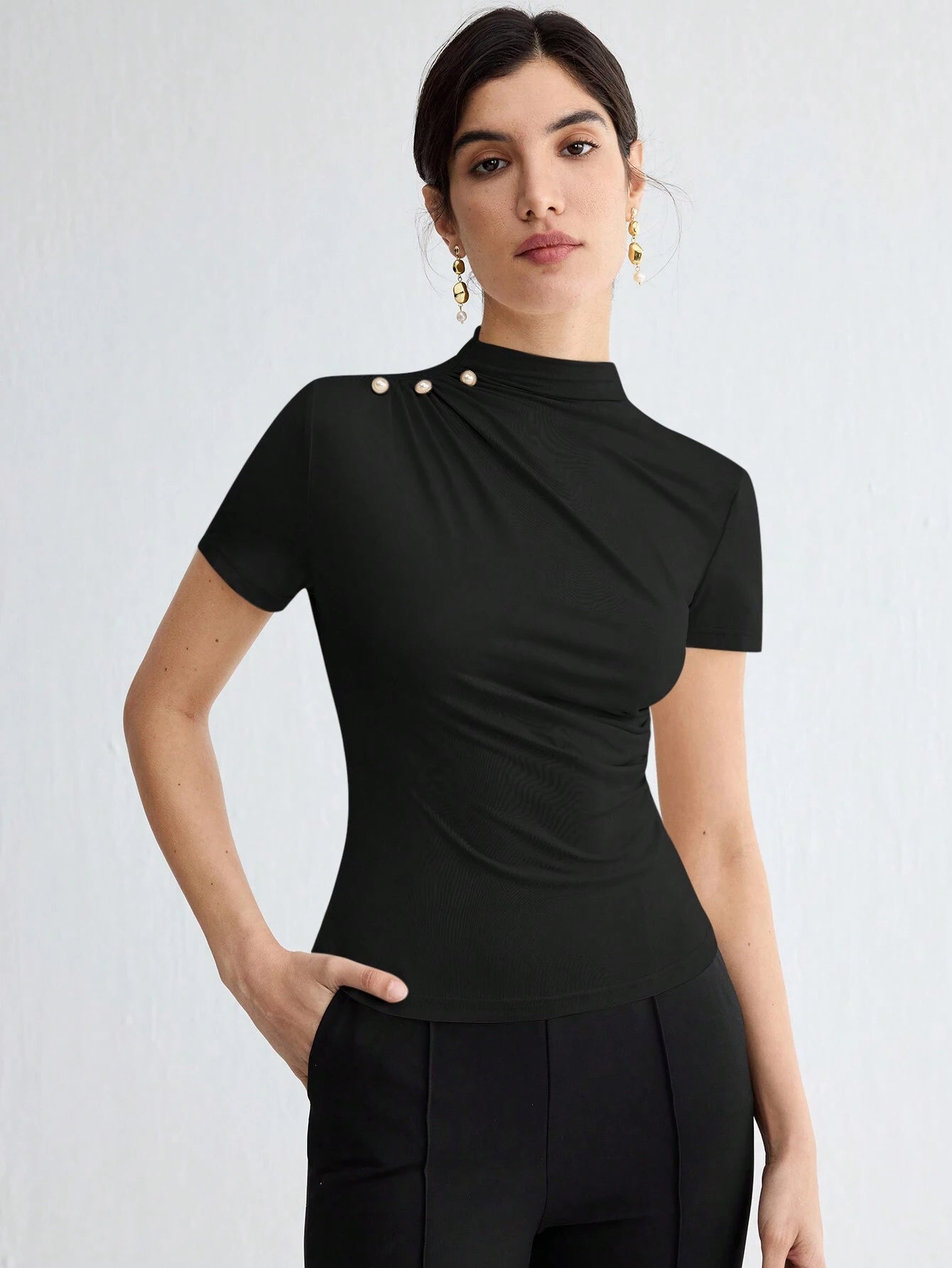 Stand Collar Ruched Shoulder Metallic Button Detail T-Shirt