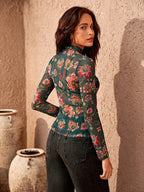 Bohemela Women Floral Print Long Sleeve Mesh Cropped Top shein