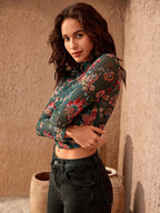 Bohemela Women Floral Print Long Sleeve Mesh Cropped Top shein