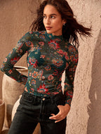 Bohemela Women Floral Print Long Sleeve Mesh Cropped Top shein