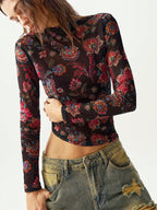 Bohemela Women Floral Print Long Sleeve Mesh Cropped Top shein
