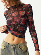 Bohemela Women Floral Print Long Sleeve Mesh Cropped Top shein