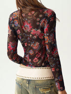 Bohemela Women Floral Print Long Sleeve Mesh Cropped Top shein