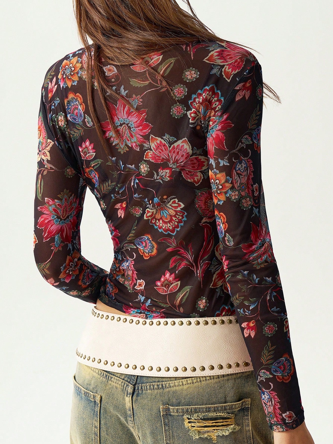 Bohemela Women Floral Print Long Sleeve Mesh Cropped Top shein