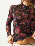 Bohemela Women Floral Print Long Sleeve Mesh Cropped Top shein