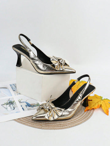 Bow Decor Point Toe Slingback Pumps shein