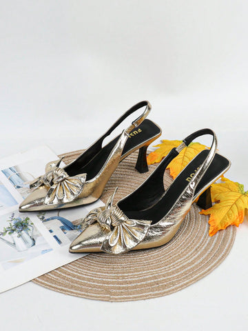 Bow Decor Point Toe Slingback Pumps shein