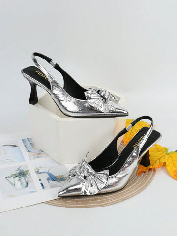 Bow Decor Point Toe Slingback Pumps shein