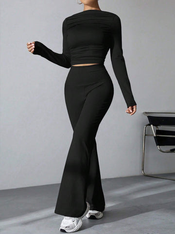 Bow Neck Puff Sleeve Top And Bell Bottom Pants shein