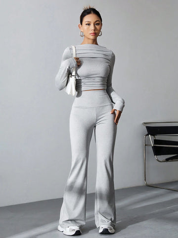 Bow Neck Puff Sleeve Top And Bell Bottom Pants shein