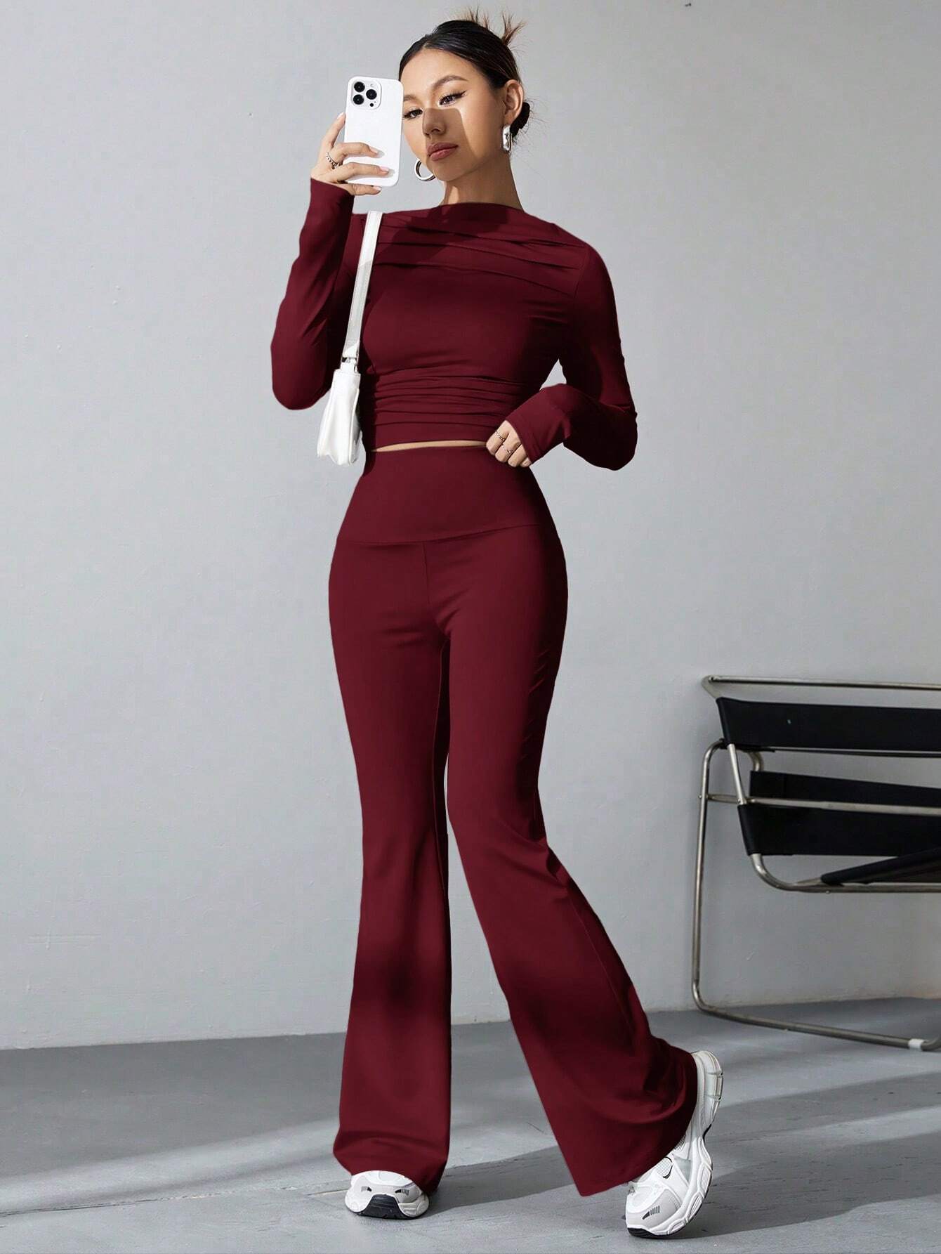 Bow Neck Puff Sleeve Top And Bell Bottom Pants shein