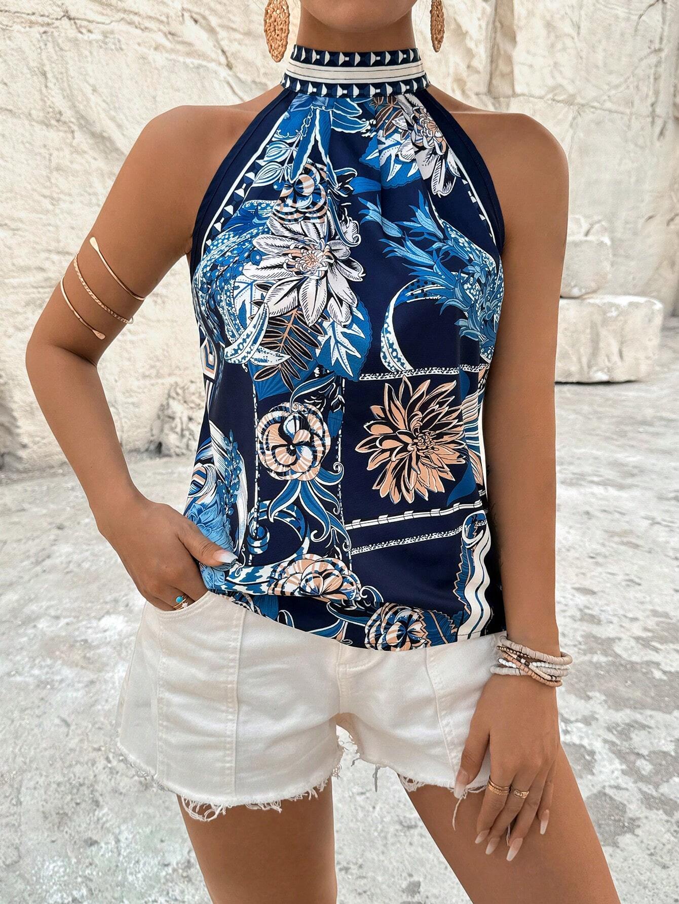 Breezaya Vacation Casual Halter Neck Floral Print Shirt