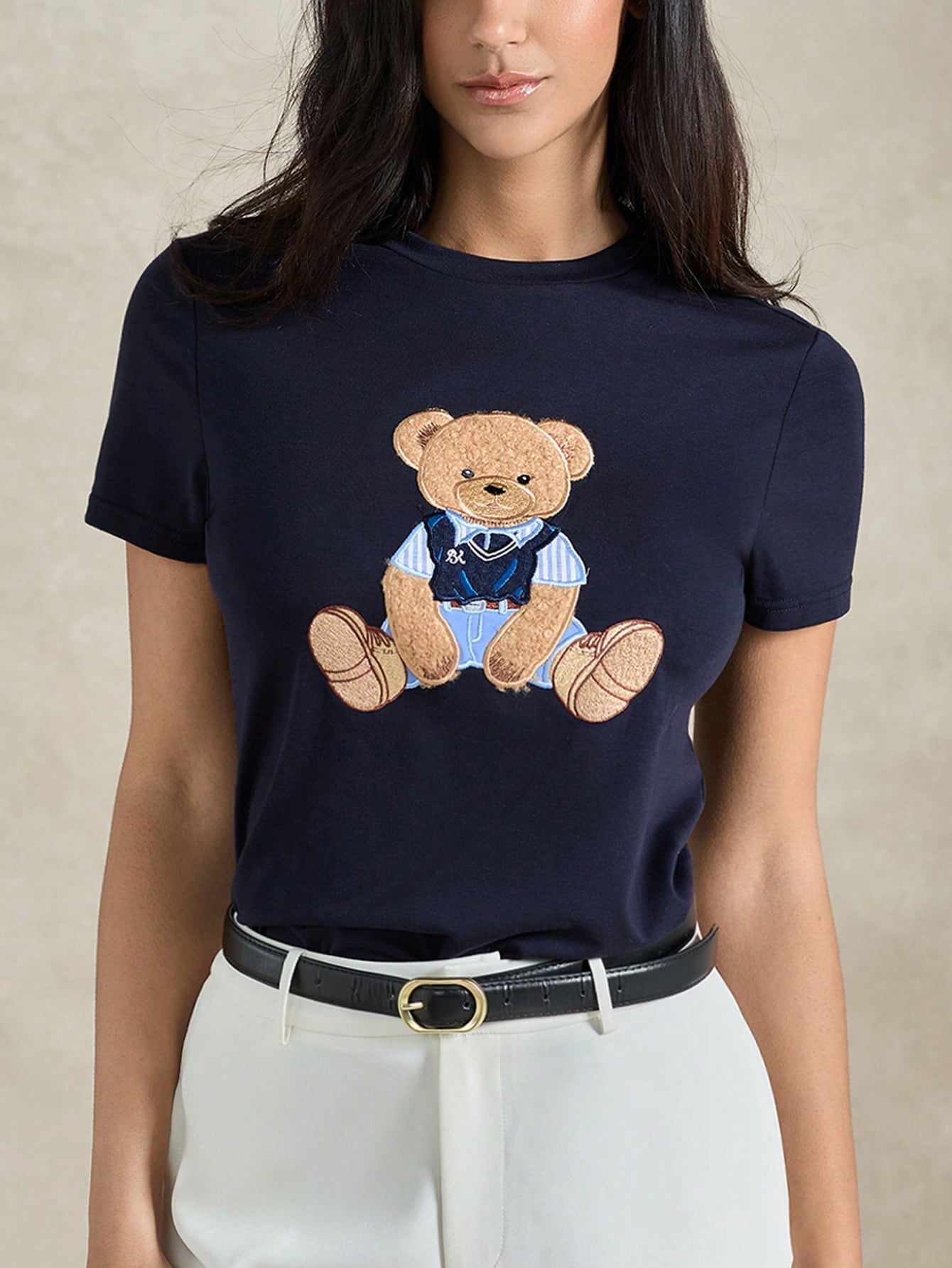 Women's Round Neck Bear Embroidery Casual Versatile Daily Wear Short Sleeve T-Shirt shein