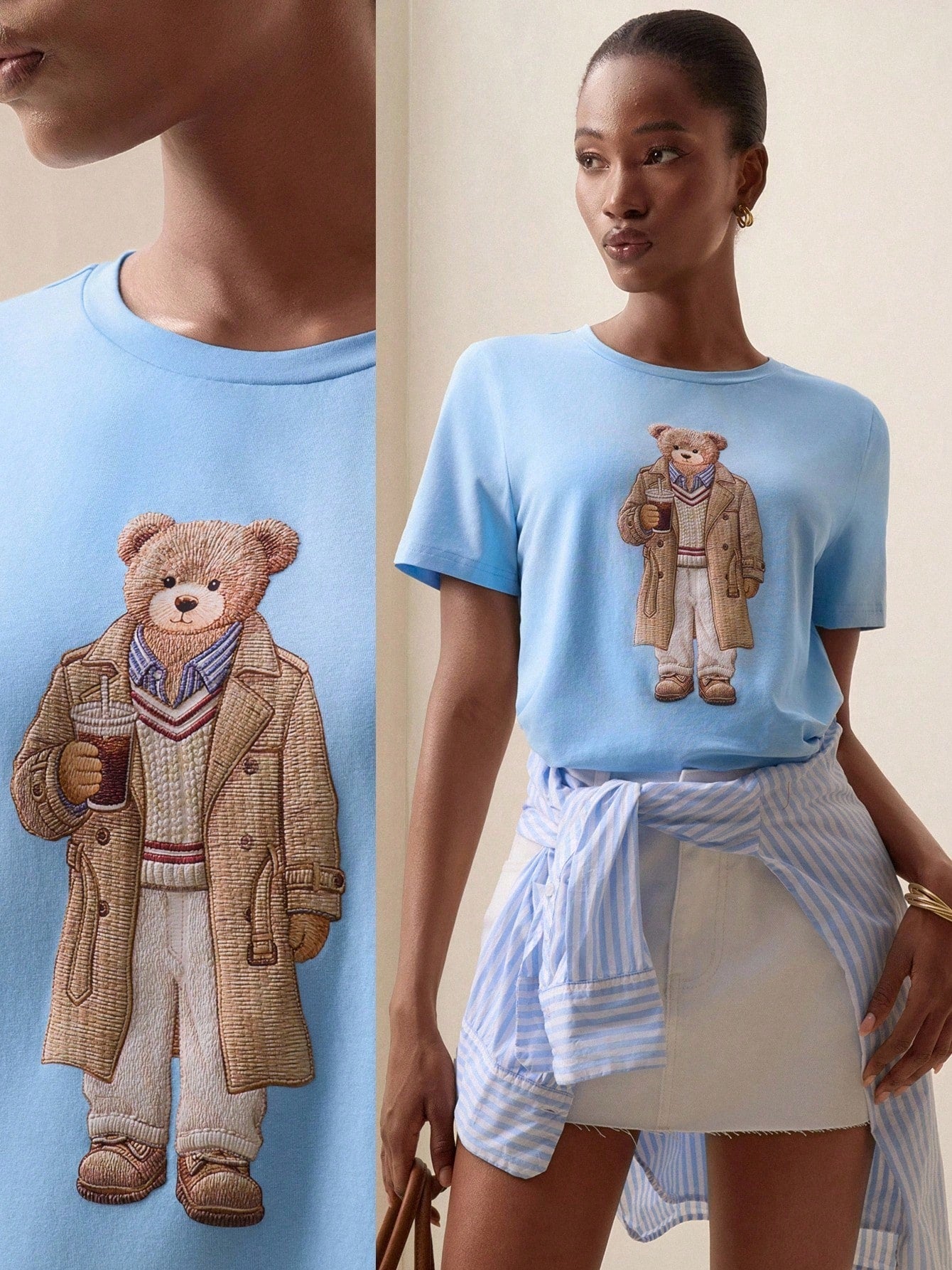 Women's Round Neck Bear Embroidery Casual Versatile Daily Wear Short Sleeve T-Shirt shein