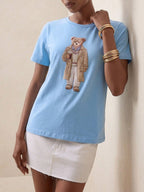 Women's Round Neck Bear Embroidery Casual Versatile Daily Wear Short Sleeve T-Shirt shein