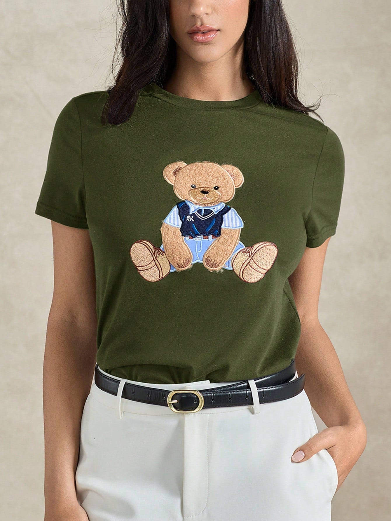 Women's Round Neck Bear Embroidery Casual Versatile Daily Wear Short Sleeve T-Shirt shein