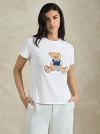 Women's Round Neck Bear Embroidery Casual Versatile Daily Wear Short Sleeve T-Shirt shein