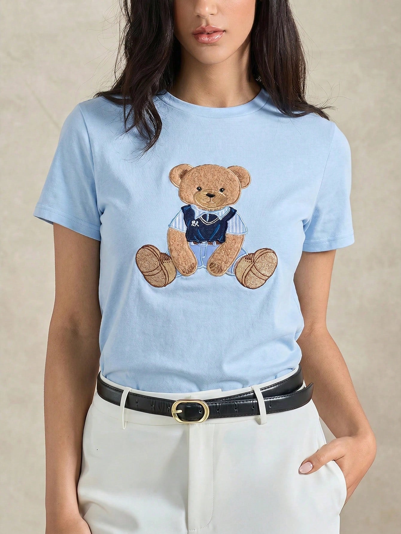 Women's Round Neck Bear Embroidery Casual Versatile Daily Wear Short Sleeve T-Shirt shein