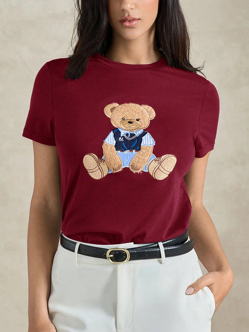 Women's Round Neck Bear Embroidery Casual Versatile Daily Wear Short Sleeve T-Shirt shein