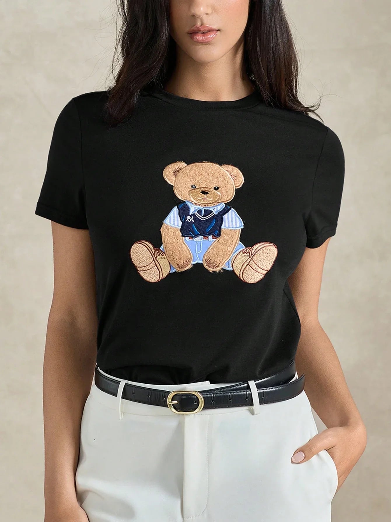 Women's Round Neck Bear Embroidery Casual Versatile Daily Wear Short Sleeve T-Shirt shein