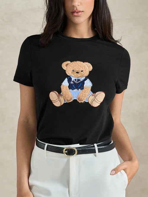 Women's Round Neck Bear Embroidery Casual Versatile Daily Wear Short Sleeve T-Shirt shein