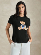 Women's Round Neck Bear Embroidery Casual Versatile Daily Wear Short Sleeve T-Shirt shein