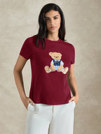 Women's Round Neck Bear Embroidery Casual Versatile Daily Wear Short Sleeve T-Shirt shein